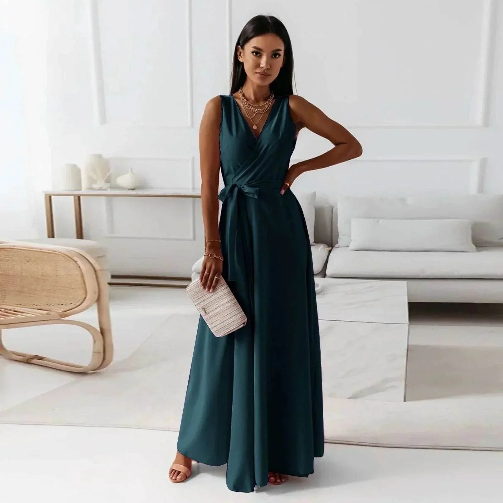 Elegant V-Neck Solid Color Formal Dress – Chic & Classy - ZA-Zola