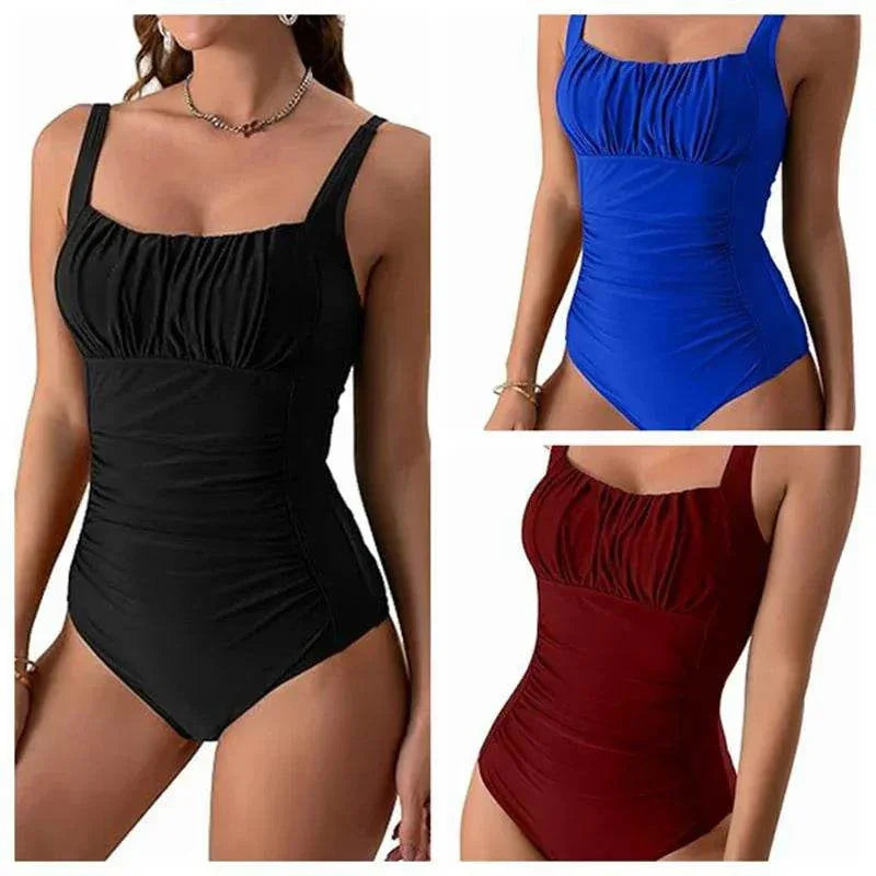 Square Neck Pleated Swimsuit – Beach Vacation Ready - ZA-Zola