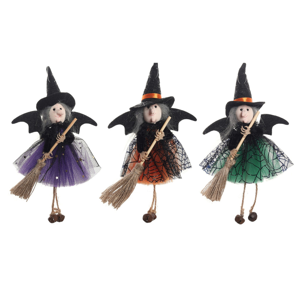 Three Halloween witch figurines standing on a white background, each wearing a pointed black hat, bat-like wings, a broom, and a tulle dress in purple, orange, and green with black spiderweb patterns.