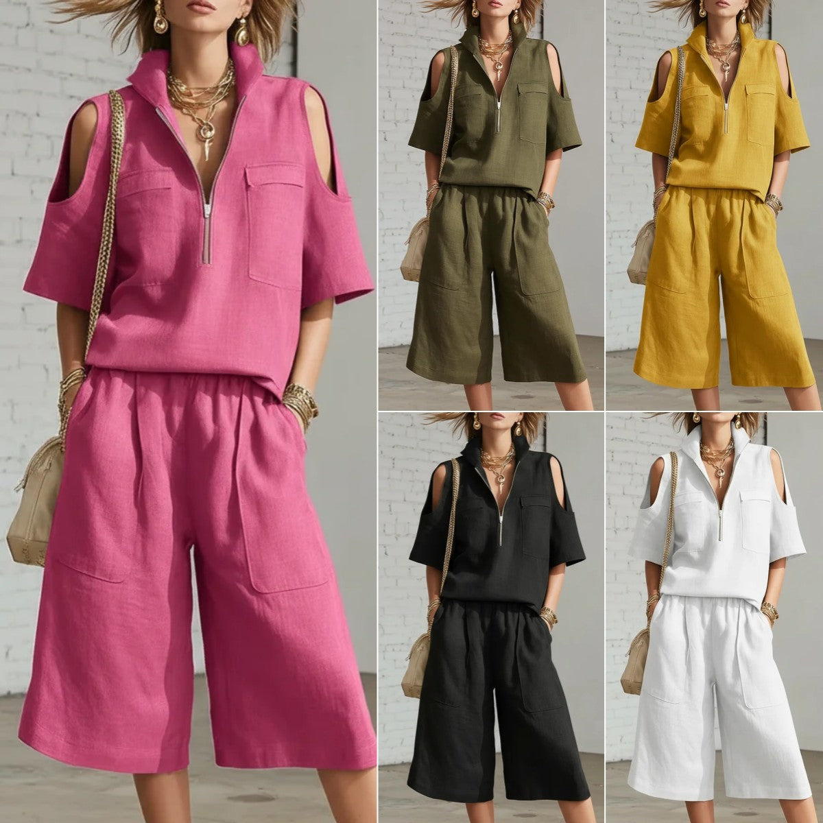 Collage of a woman wearing different colored outfits with wide-leg pants.