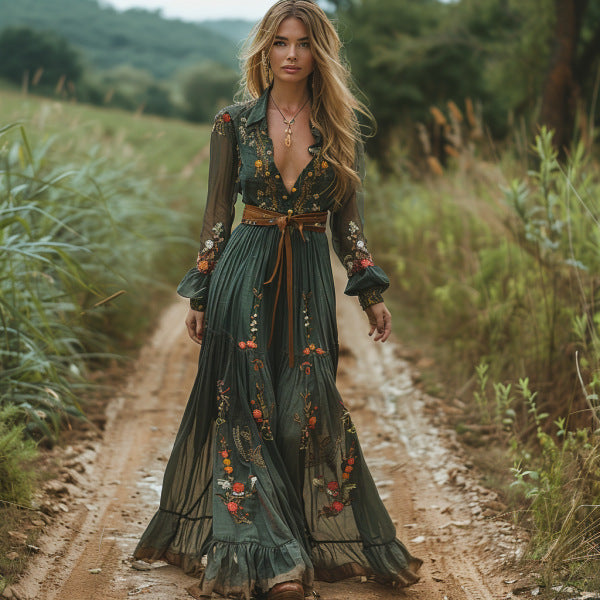 Woman in a long, dark green dress with floral patterns walking on a dirt path in a natural setting.