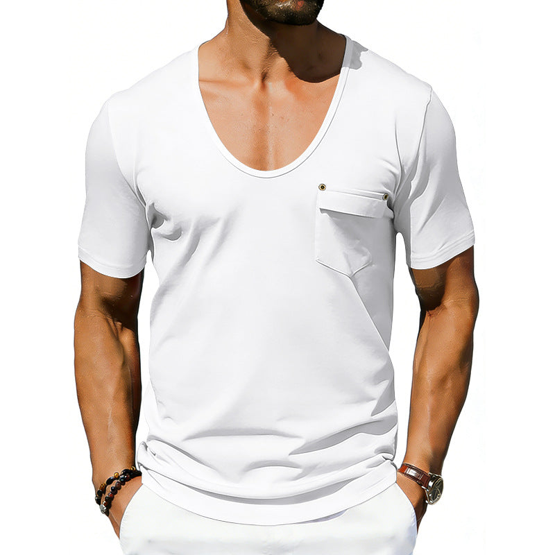 Man wearing a white V-neck t-shirt on a white background
