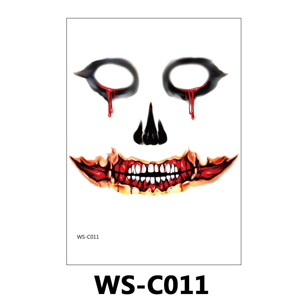 A temporary tattoo sheet featuring a skull face design with black eye sockets and nose, red dripping details, and a wide flame-like grin with white teeth. The sheet includes the code WS-C011, with the same code printed in bold text below.