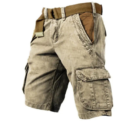 Beige cargo shorts with a belt on a white background