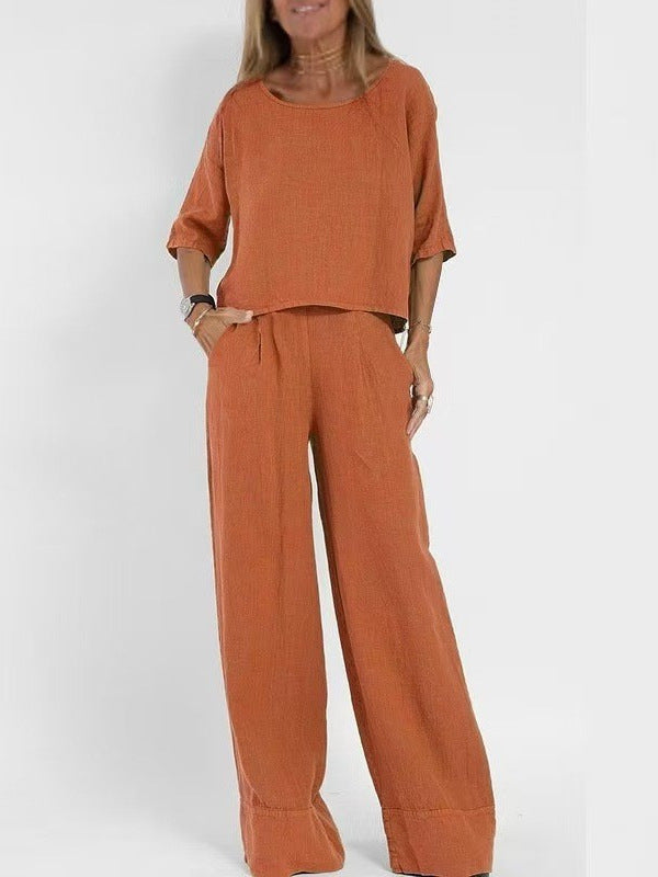Cotton Linen Casual Pants Suit | Wide Leg