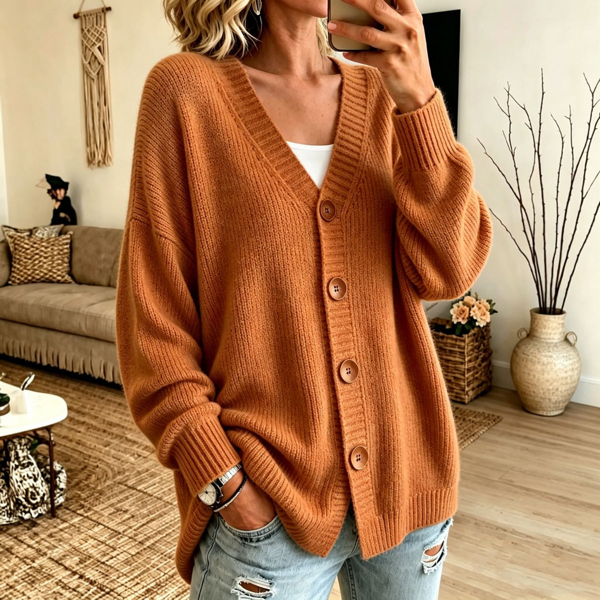 A woman wearing a warm rust-orange ribbed knit cardigan with brown buttons, layered over a white top and paired with light-wash distressed jeans, taking a mirror selfie in a cozy living room setting.