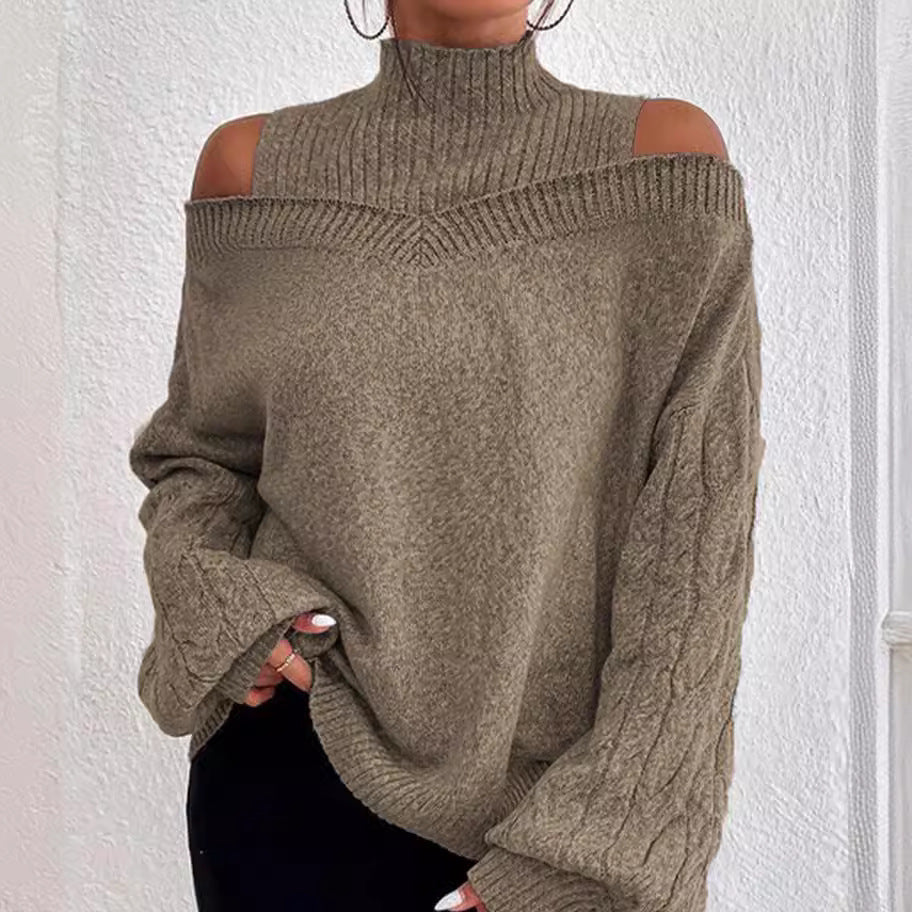 Brown off-shoulder sweater worn by a person against a white background