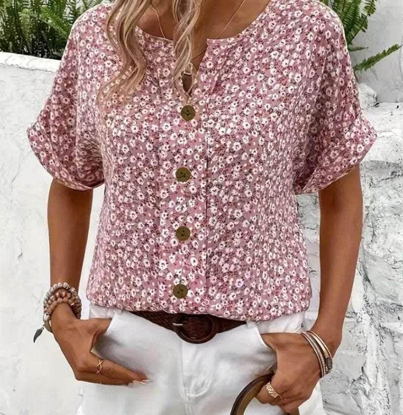 Jacquard V-Neck Short Sleeve T-Shirt – Pink - ZA-Zola