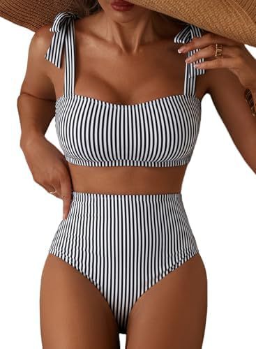 Lace Up Two Piece Bikini Set Women – Striped High Waist Swimwear