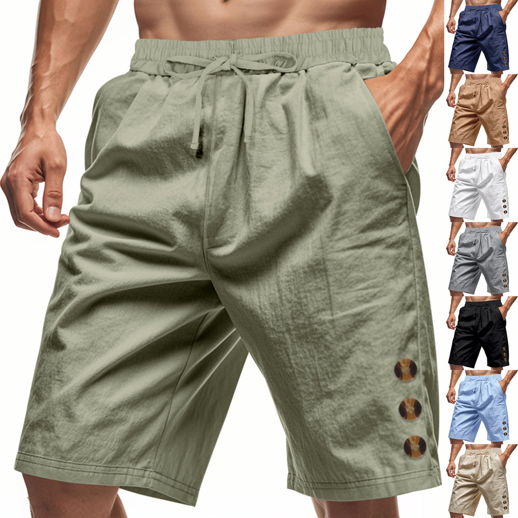Green shorts with button details on a white background, featuring multiple color options.