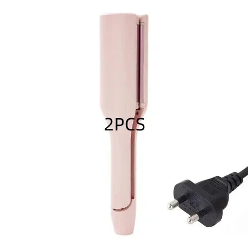 Pink electric hair straightener with EU plug, trendy beauty accessory, 2 pieces set