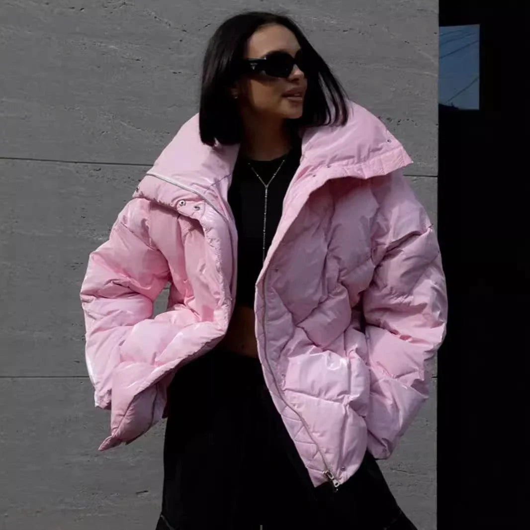 Baggy Cotton Padded Coat – Matte Glossy Lapel Casual Jacket - ZA-Zola