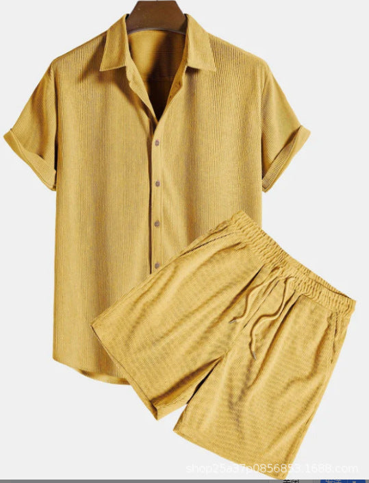 Yellow shirt and shorts set on a white background
