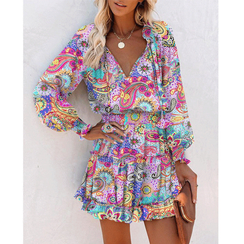 Floral Print Puff Sleeve Long Sleeve Dress – Fashion Patchwork Waist Tie Women's Clothing