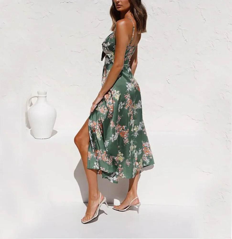 Flower Print Split Suspender Dress - Summer Beach Style - ZA-Zola
