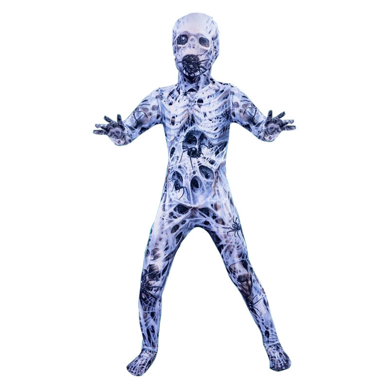 A full-body skeleton costume worn by a person, featuring a white base with black printed skull and crossbones details, photographed against a plain white background.