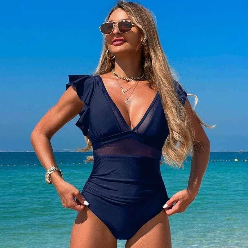 Black Ruffled Sleeve V-Neck Swimsuit | ZA-Zola - ZA-Zola