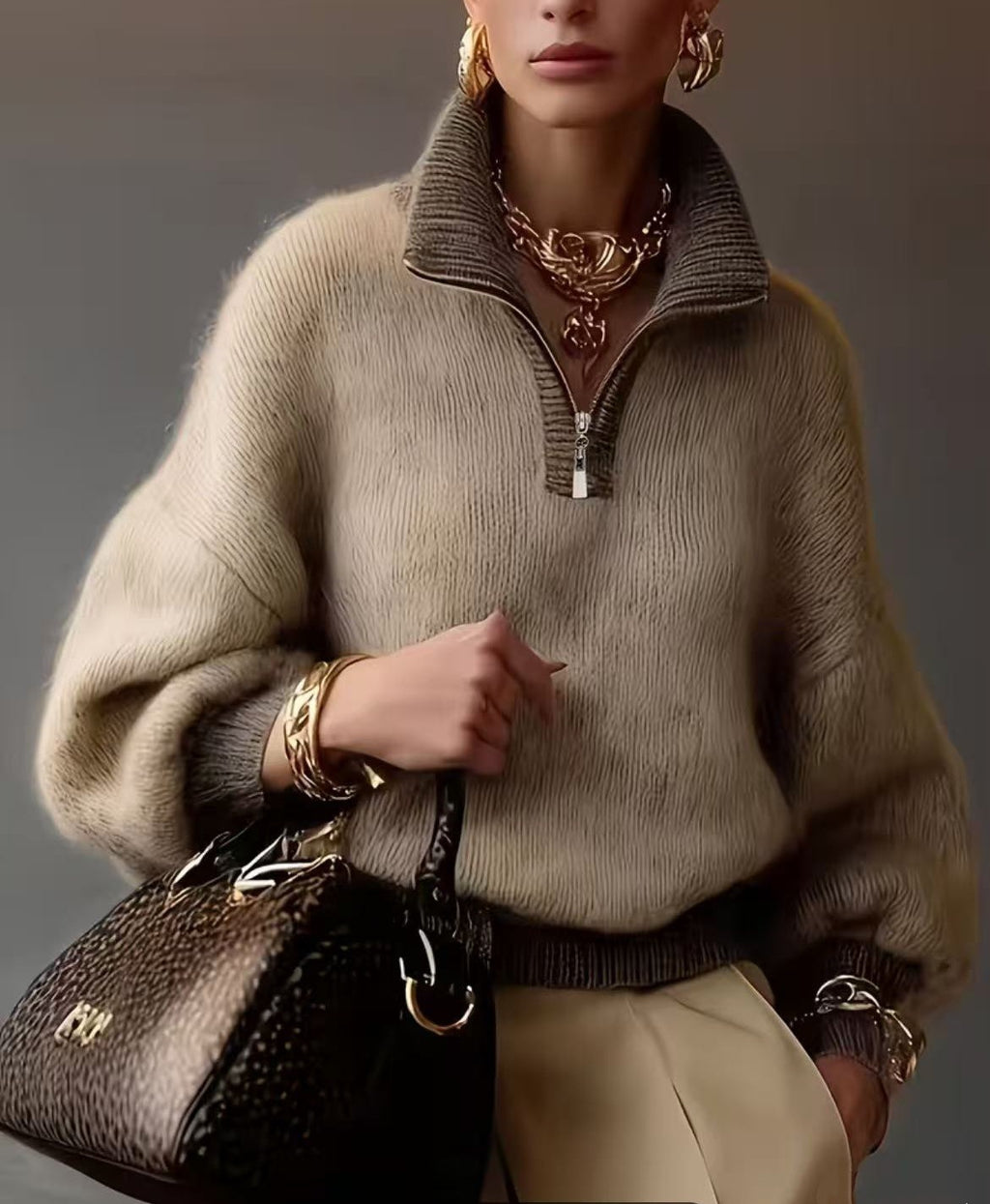 A model wears a cozy, oversized beige knit sweater with a dark ribbed mock neck and hem, styled with gold jewelry, a brown textured handbag, and beige trousers against a neutral gray background.