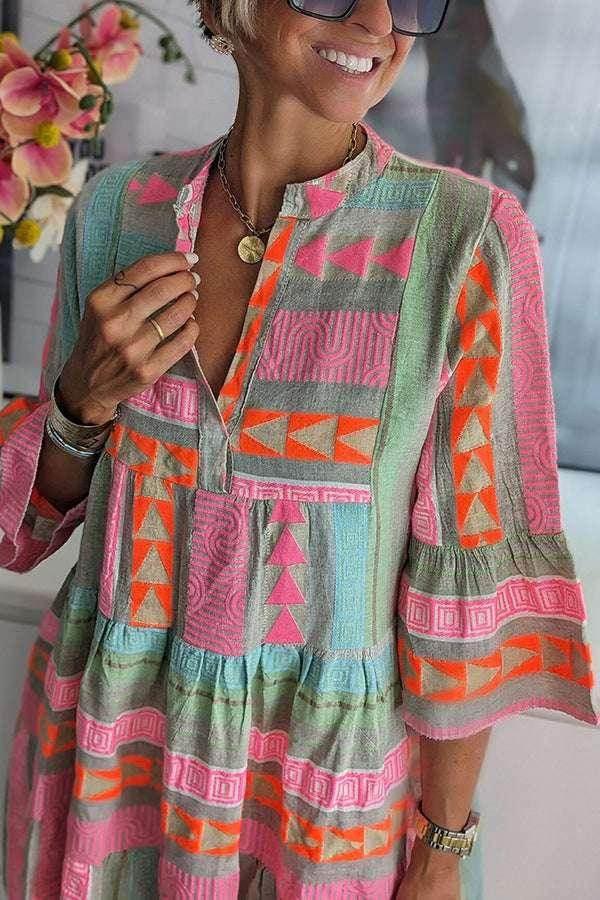 Printed V-Neck Cotton Linen Dress – Autumn Style - ZA-Zola