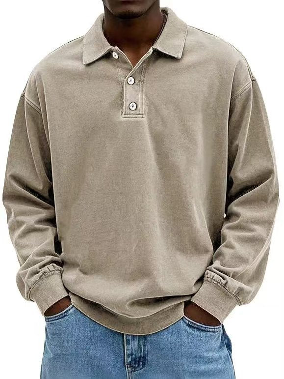 Beige long-sleeve polo shirt worn by a person on a white background
