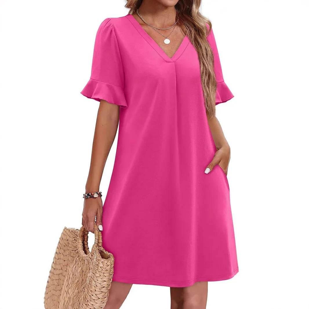 V-Neck Ruffled Vacation Dress with Pockets – Women - ZA-Zola