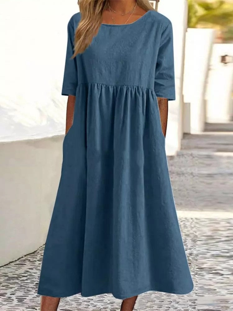 Women’s Casual Cotton Linen Short Sleeve Pocket Dress