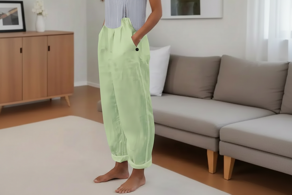 Person wearing light green pants standing in a living room.