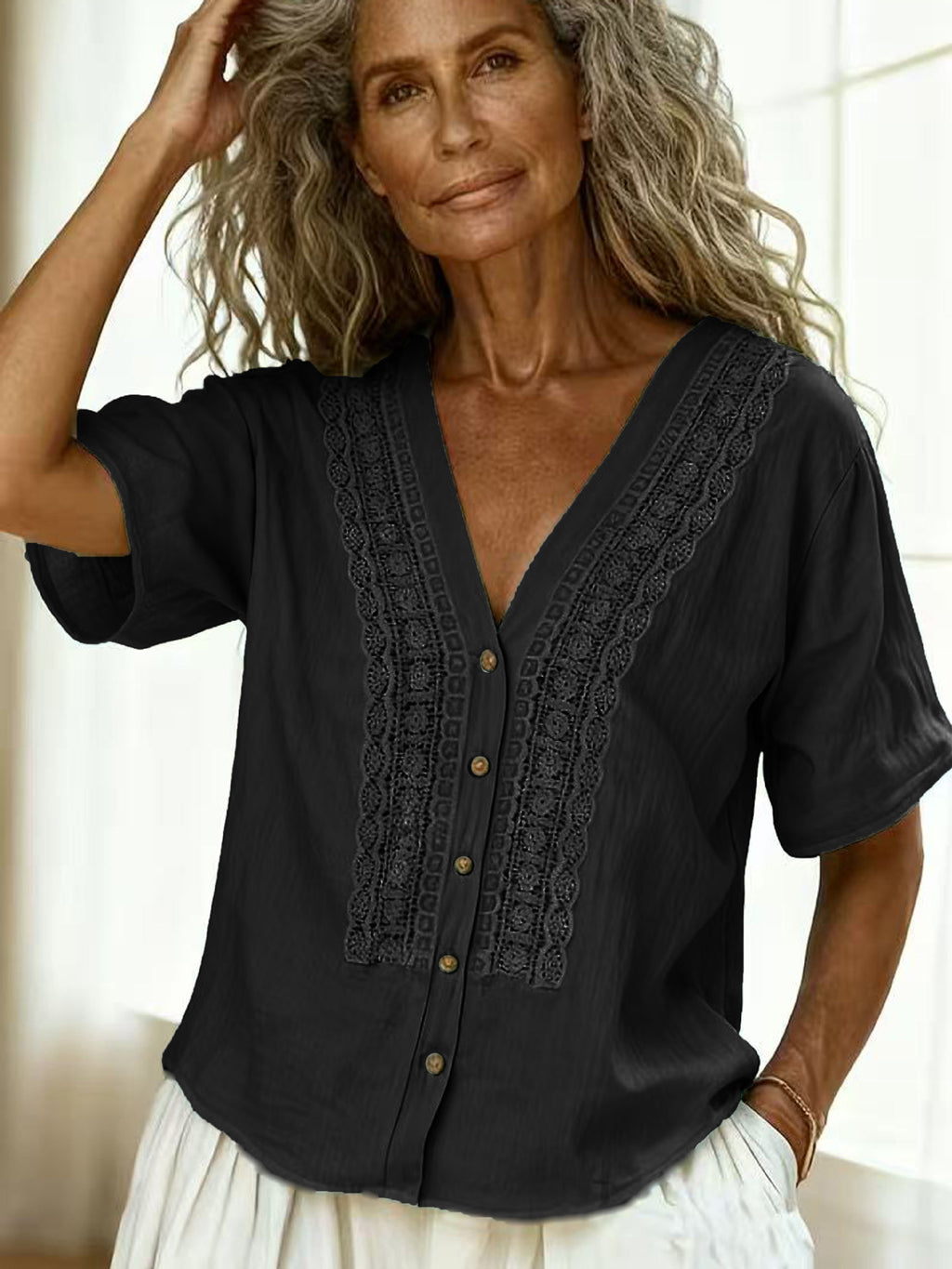 Faux Linen Embroidered Button Top | Women Casual