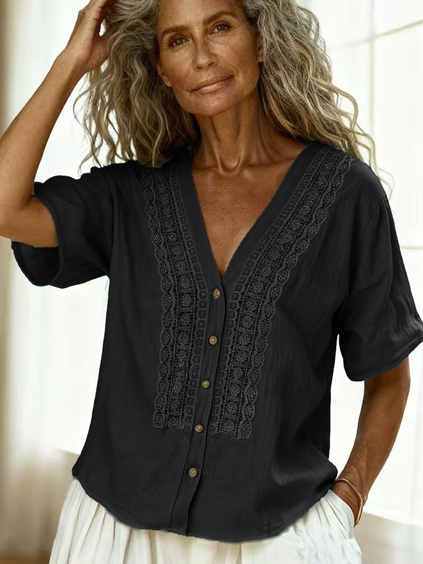 Faux Linen Embroidered Button Top | Women Casual