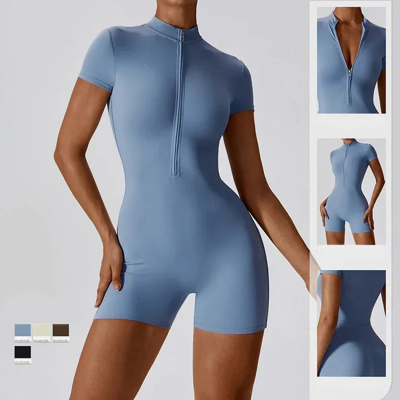 Zipper Short Sleeve Yoga Jumpsuit for Women - ZA-Zola