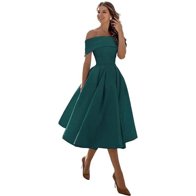 Off-Shoulder Satin Tea-Length Party Dress - ZA-Zola
