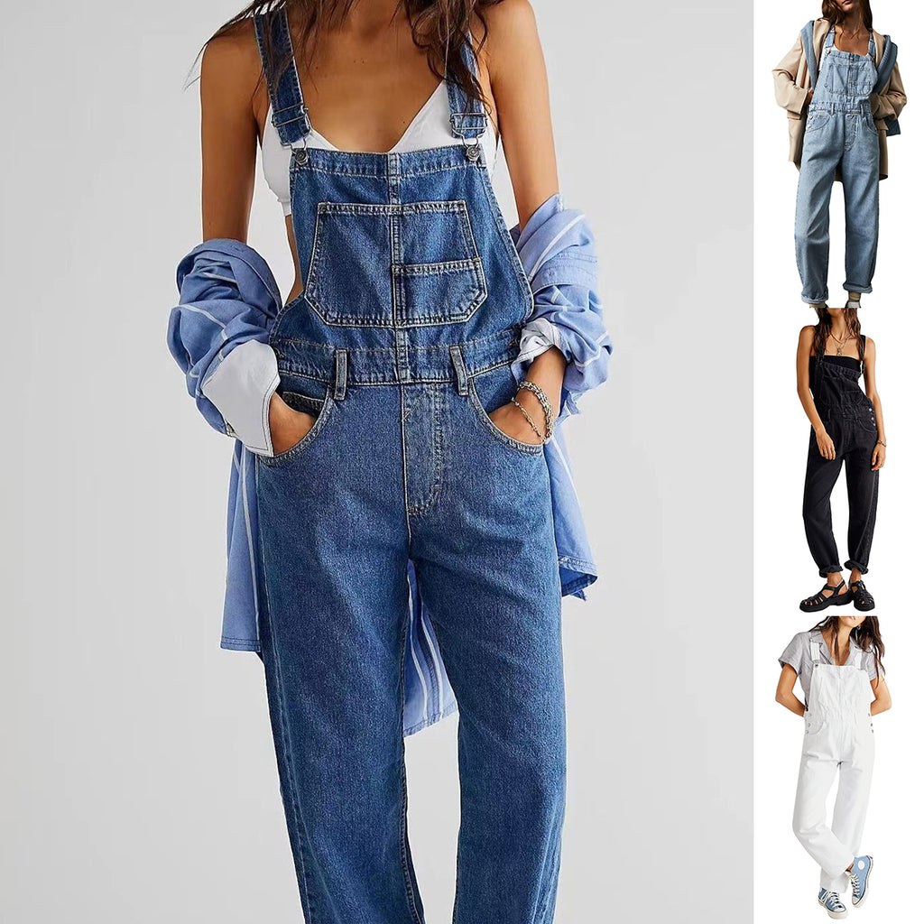Person wearing a denim overalls with a white background