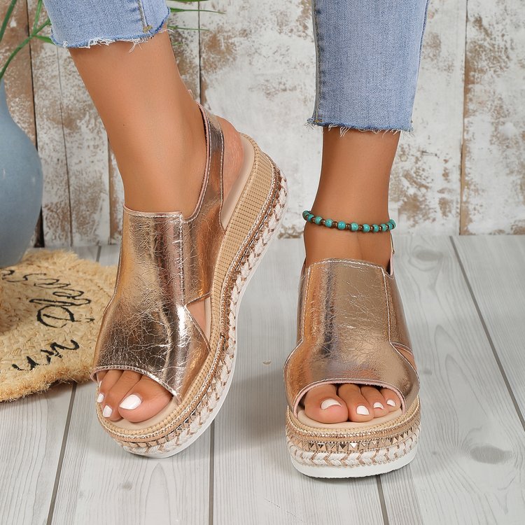 Women’s Shiny Peep Toe Buckle Wedge Summer Sandals