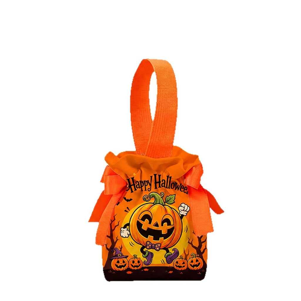 A small Halloween-themed treat bag with an orange ribbon handle, decorated with a jack-o'-lantern, pumpkins, ghosts, and the words 'Happy Halloween' on a white background.
