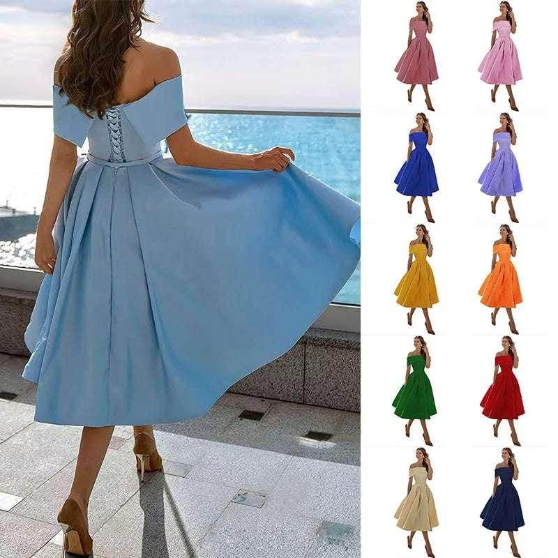 Off-Shoulder Satin Tea-Length Party Dress - ZA-Zola
