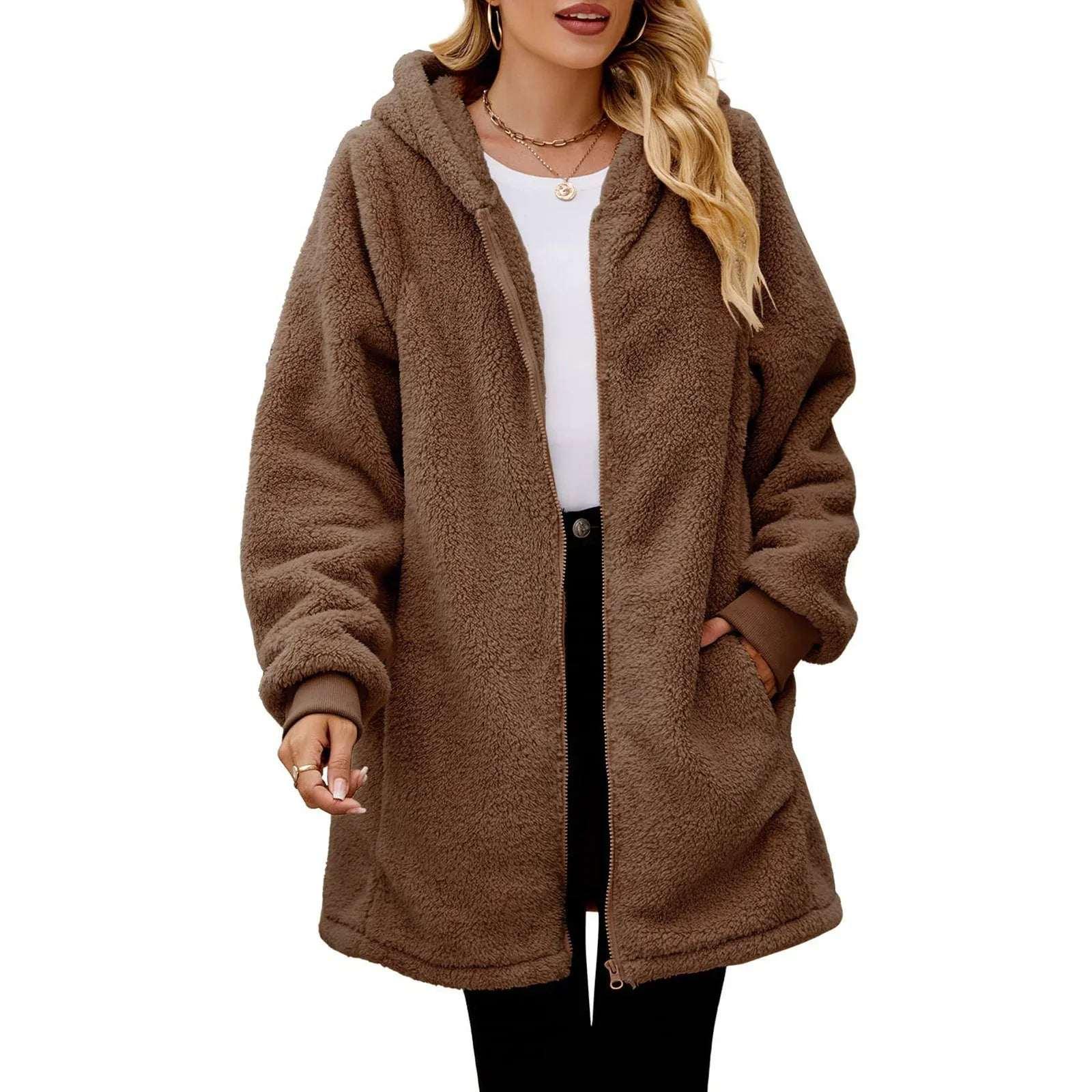 Women’s Plush Zip Hoodie Coat – Loose Long Sleeve Jacket - ZA-Zola