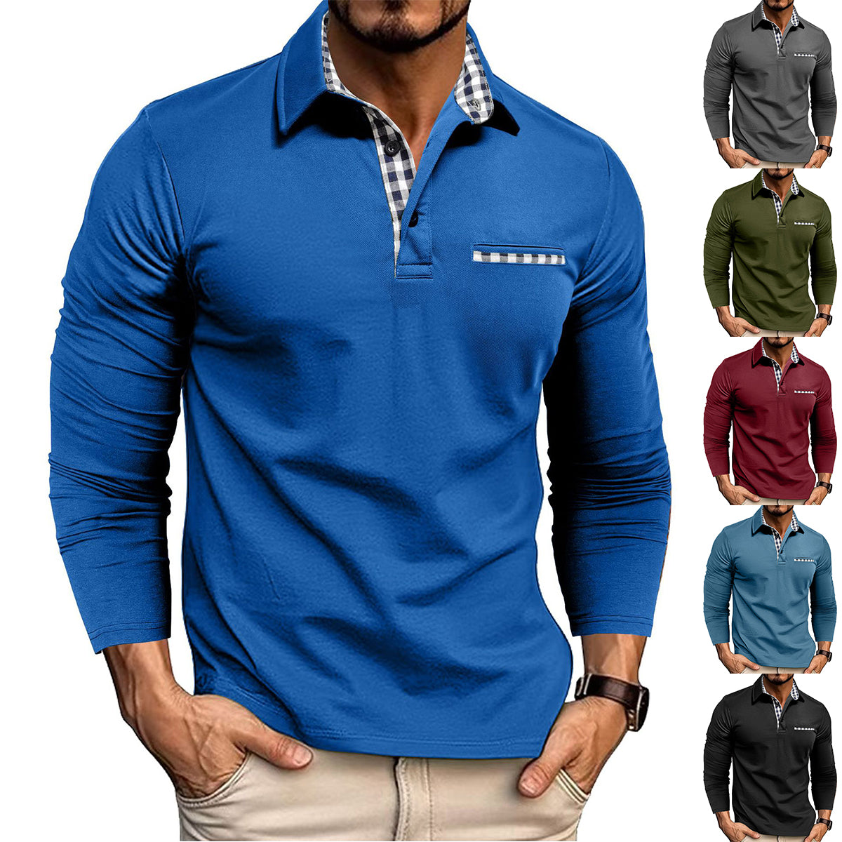 Men’s Plaid Splicing Polo Shirt – Casual Long Sleeve Lapel Top