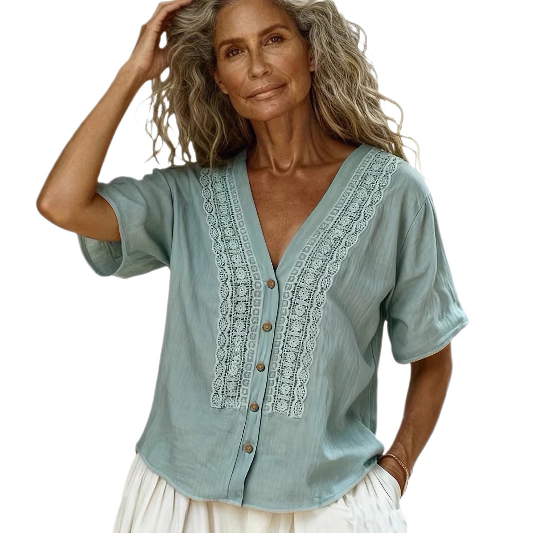 Faux Linen Embroidered Button Top | Women Casual