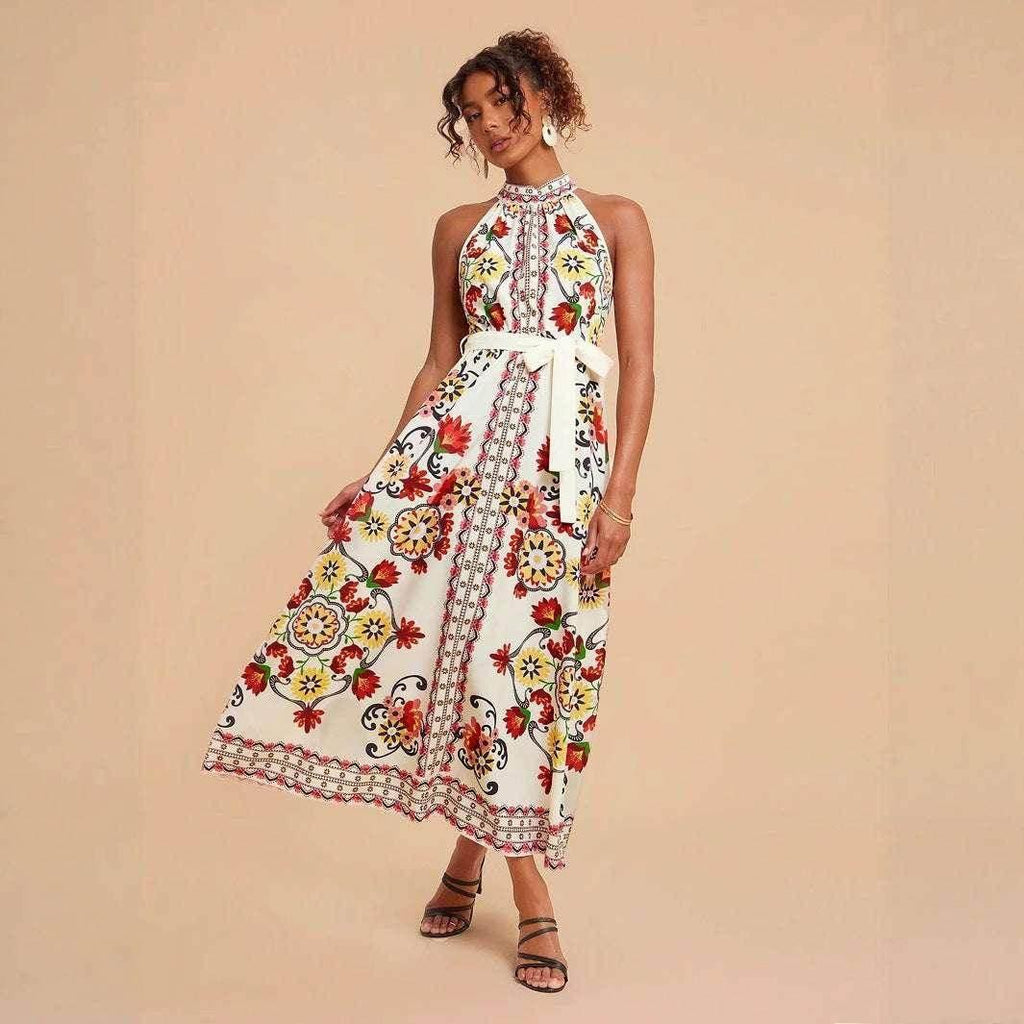 Floral Lace-Up Sleeveless Mid-Length Dress - ZA-Zola