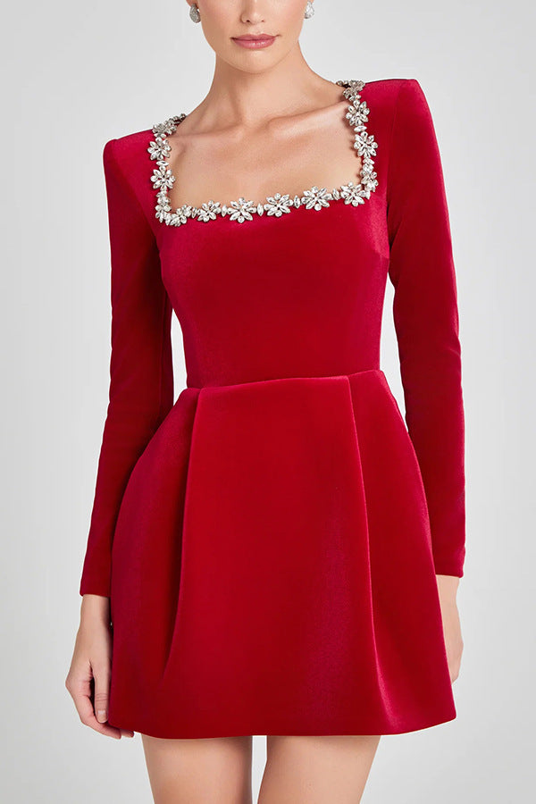 Christmas Dress Women | Square Neck Rhinestone A-Line Mini Dress