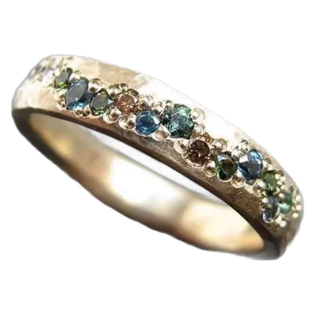 Gold ring with embedded multicolored gemstones on a white background