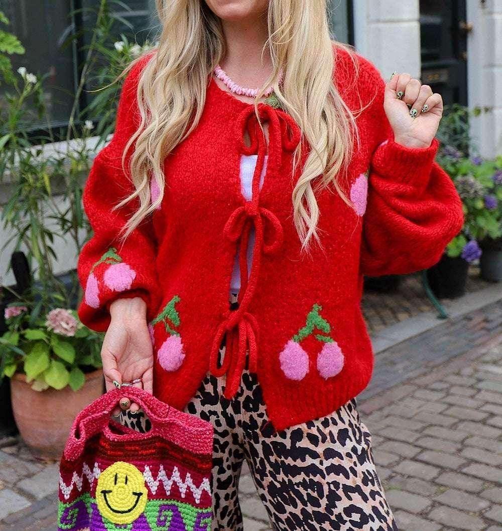 Cherry Embroidered Cardigan Sweater Women - ZA-Zola