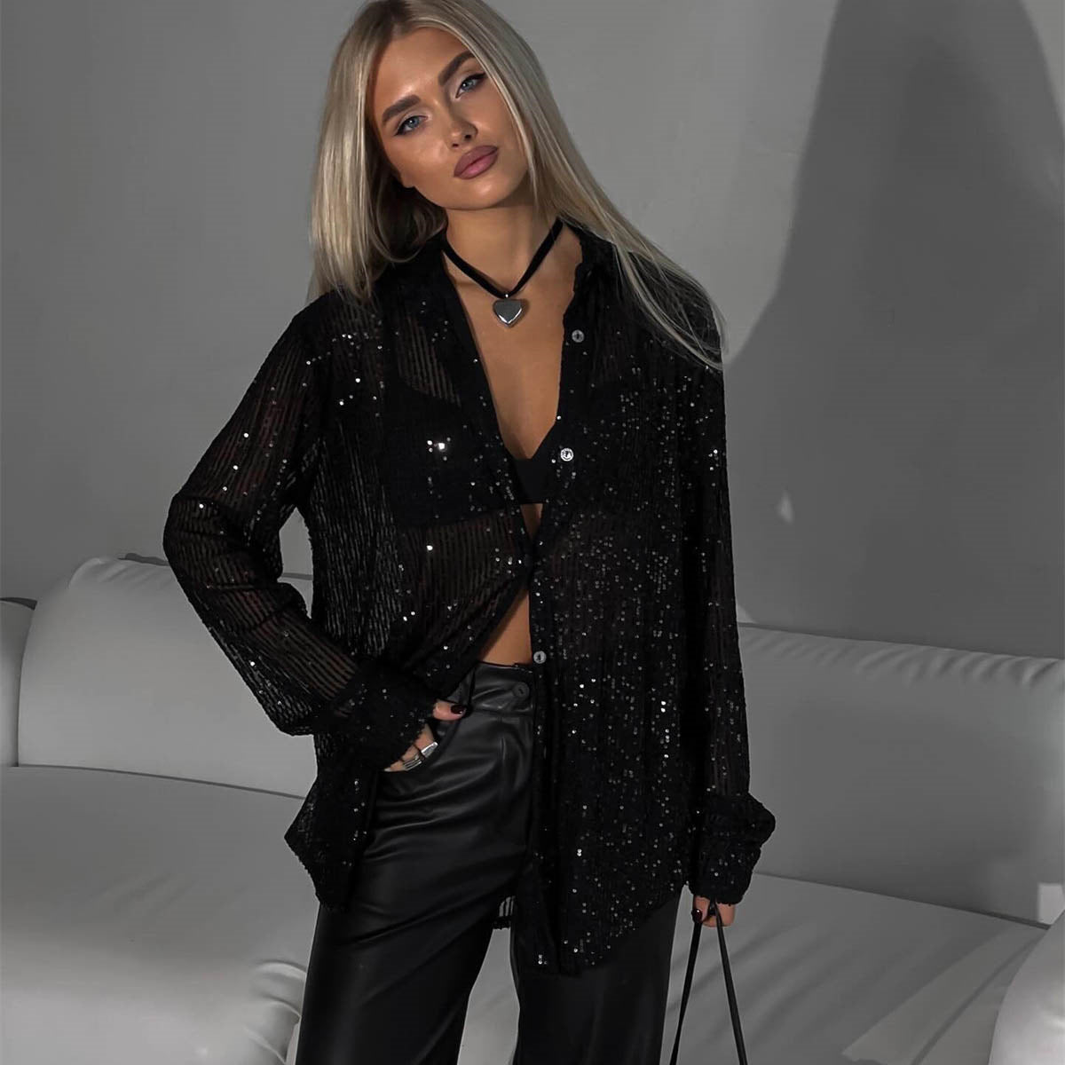 Sequin Lapel Long Sleeve Shirt | Sparkly Loose Top