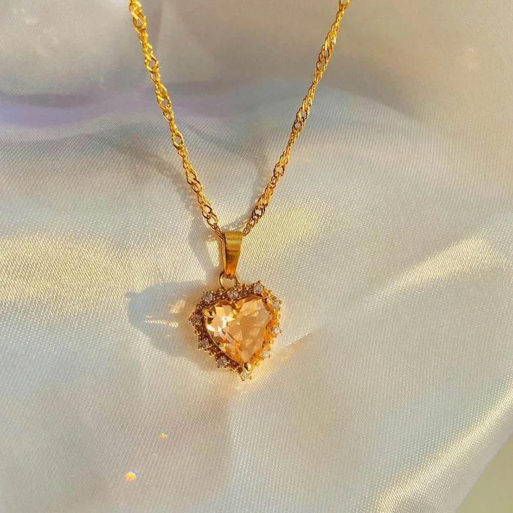 Colorful Rhinestone Heart Necklace - Love Gold Chain | Buy Now! - ZA-Zola