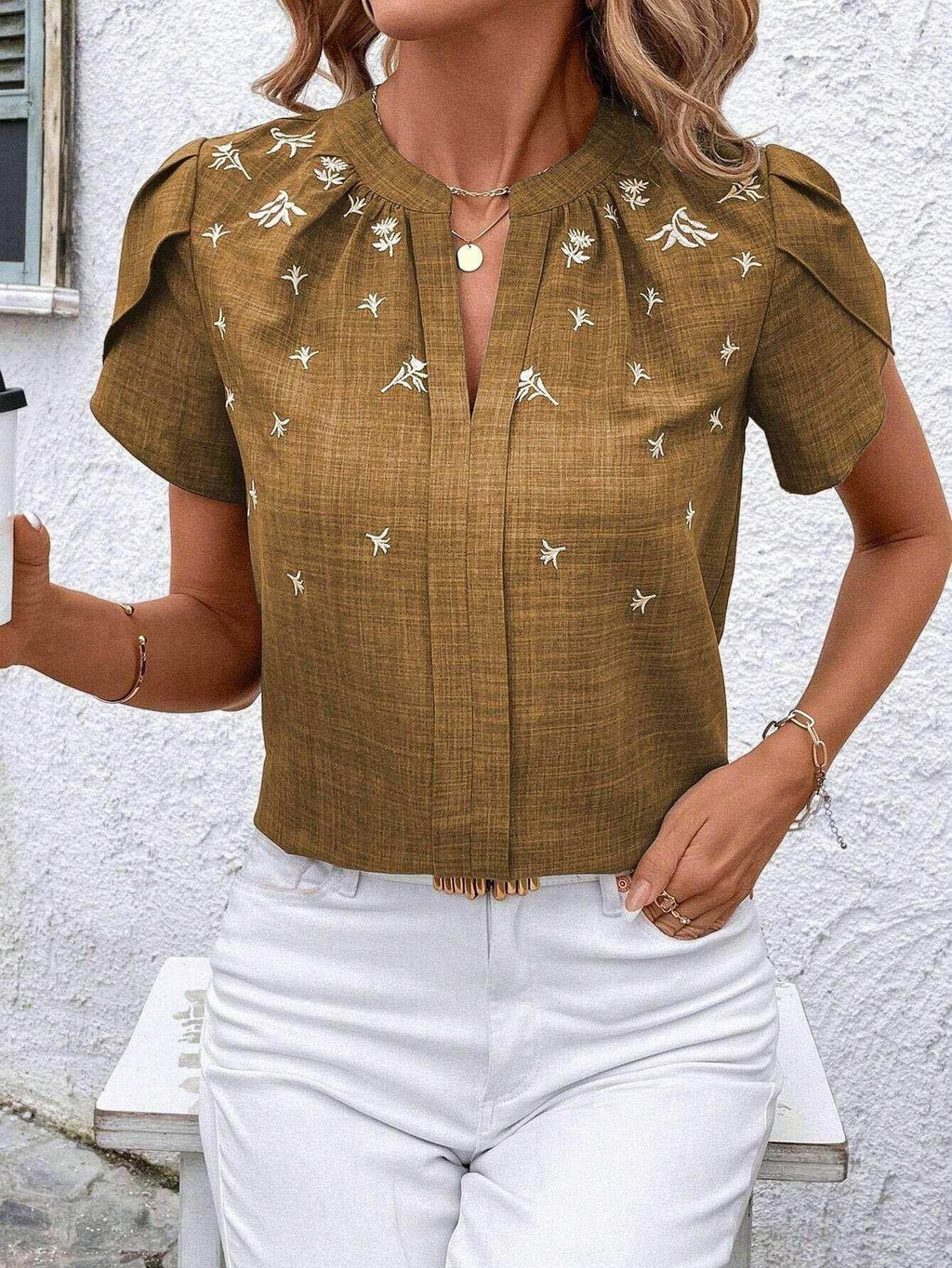 Half-Open Collar Printed Short Sleeve Blouse - ZA-Zola