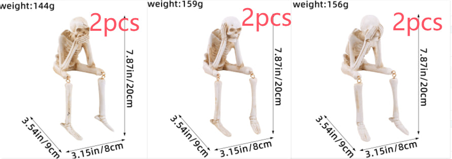 Three white plastic skeleton figurines shown side by side with red text overlays indicating '2pcs' and weight/length measurements in centimeters and inches.