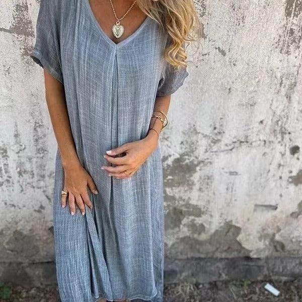 Cotton Linen V-Neck Semi-Formal Midi Dress - ZA-Zola