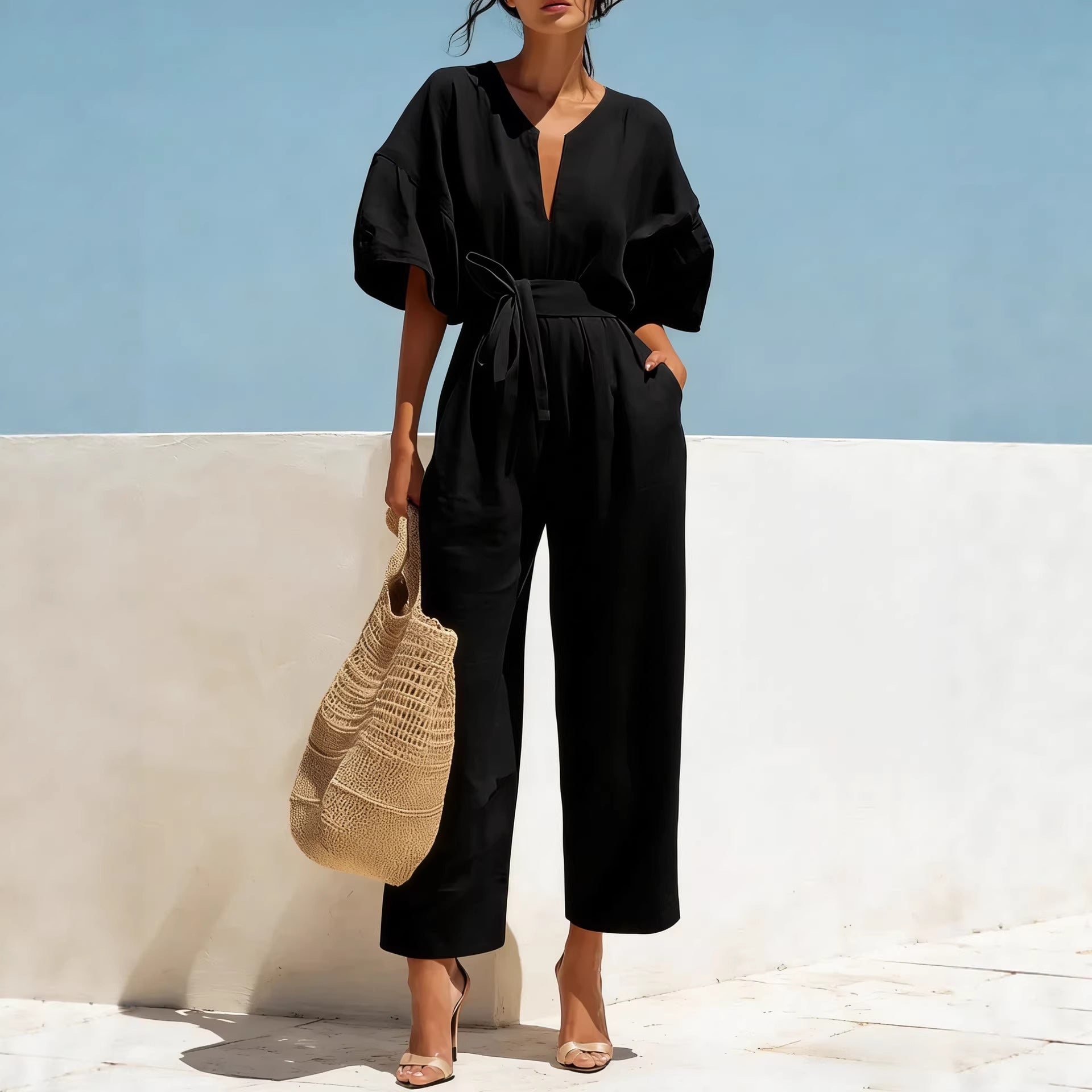 Fashionable V-Neck Cotton Linen Jumpsuit for Women – Solid Color Wide Leg