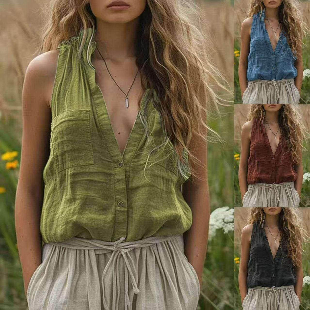 Loose Cotton Linen V-Neck Vest with Pockets - ZA-Zola
