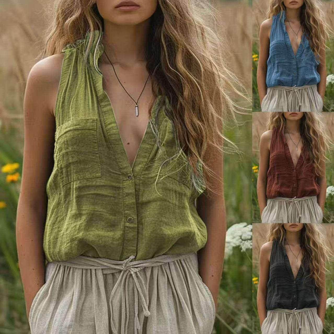 Loose Cotton Linen V-Neck Vest with Pockets - ZA-Zola